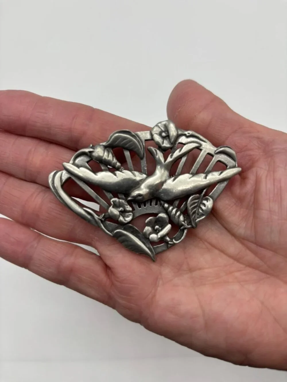 Vintage Bird in Flight Floral Fan Brooch Seagull Pewter Canada Late 1980s Signed